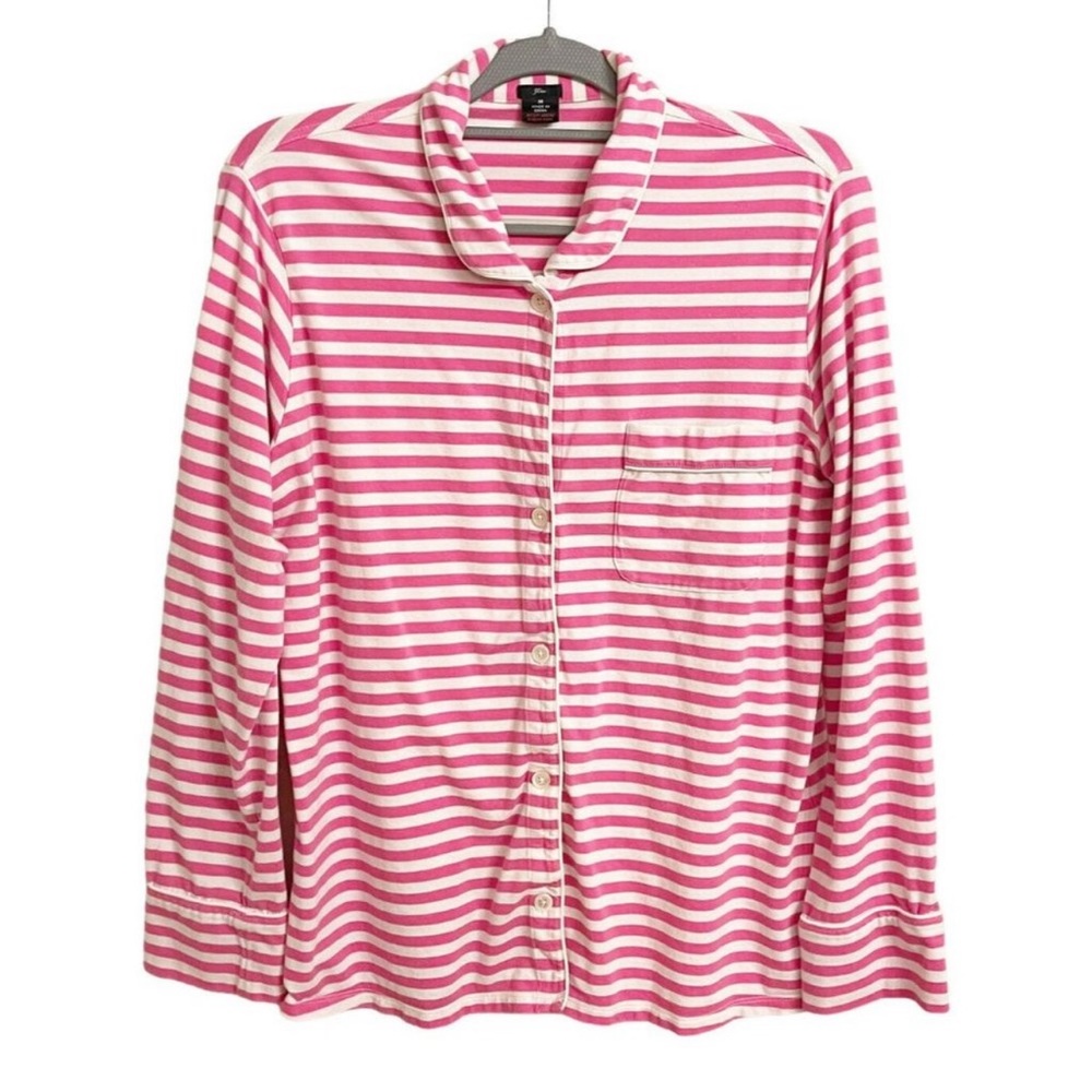 J. Crew Pink White Striped Button Up Long Sleeve Pajama Top Sleep Shirt Size M